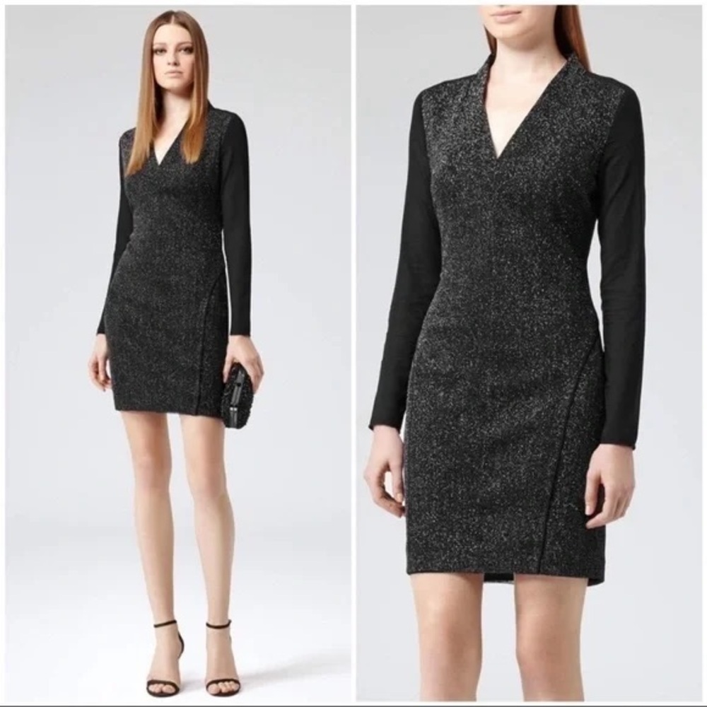 Reiss Jagger Dress Sheer Sleeve Black Silver Glitter Bodycon size 6